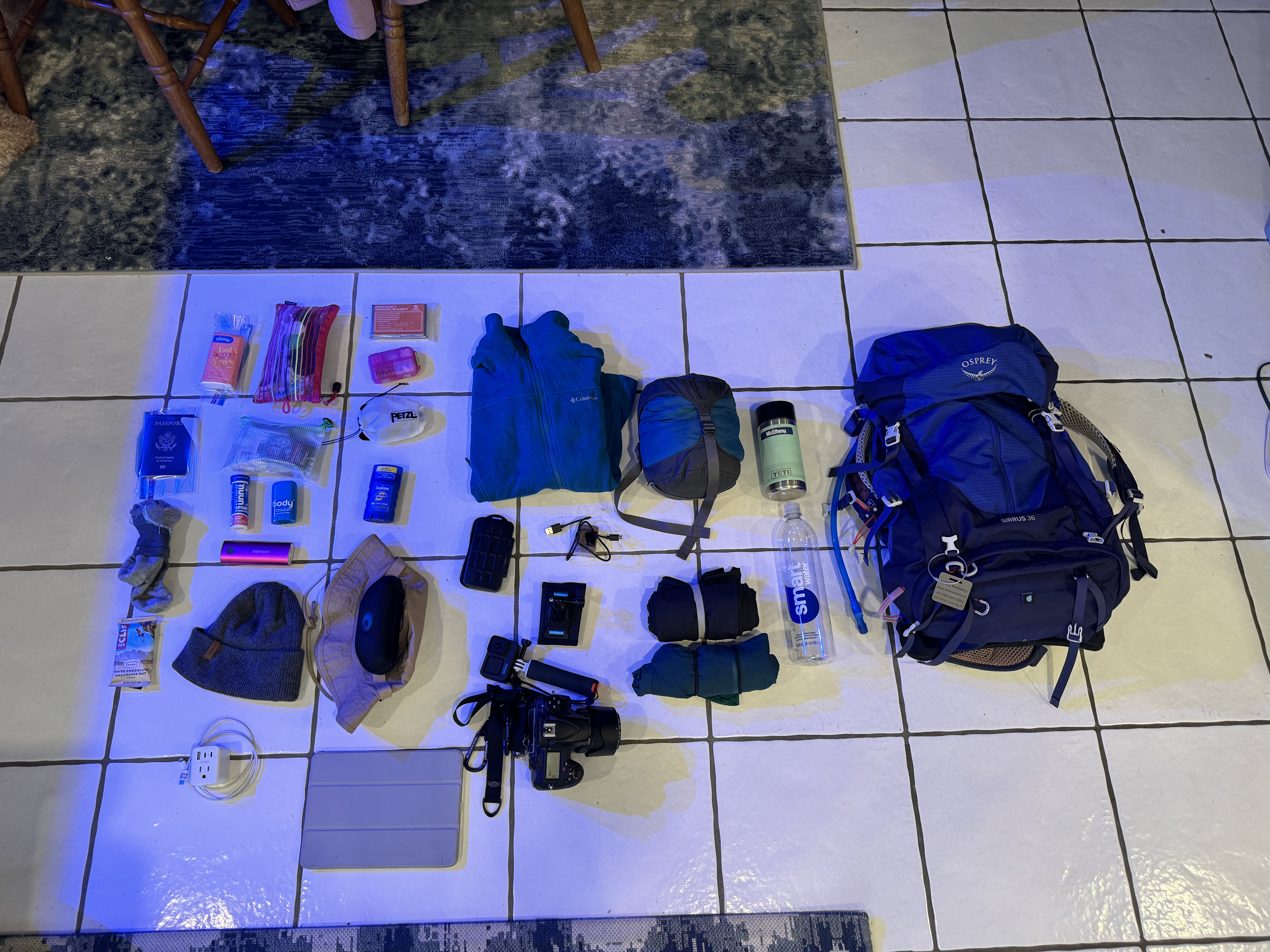 Gear that I packed to hike tour du Mont Blanc.